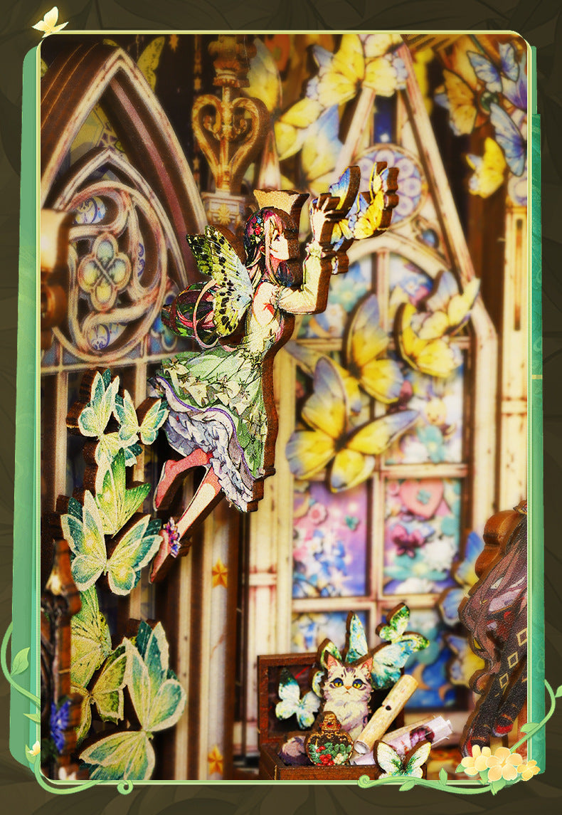 Miniature room window display with colorful decorations and butterfly accents