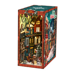 DIY book nook kit box with Christmas street corner miniature building illustration
