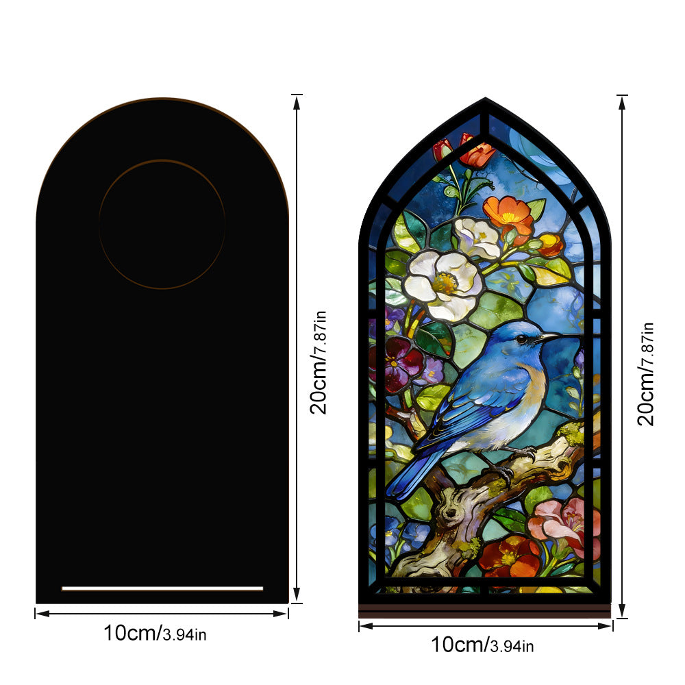 Bluebird arched stained-glass book nook size diagram with front view and side view