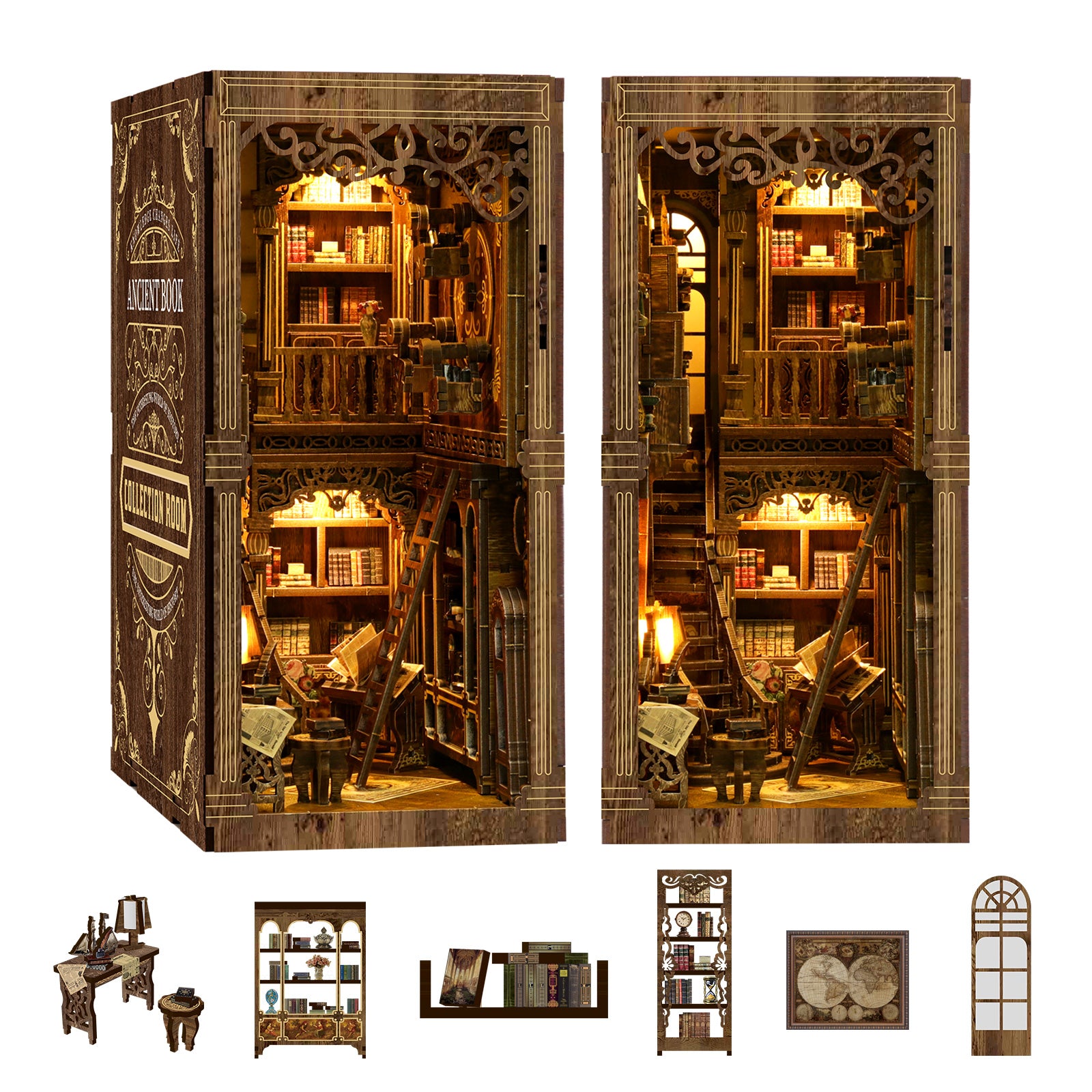 The image is a detailed miniature diorama of a library, featuring intricate woodwork and lighting to create a cozy and inviting atmosphere.