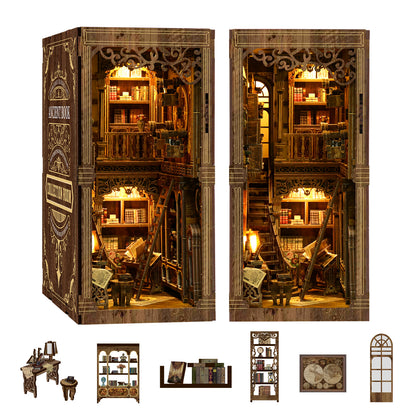 The image is a detailed miniature diorama of a library, featuring intricate woodwork and lighting to create a cozy and inviting atmosphere.