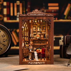 Small illuminated wooden mini library building with ornate door frame and interior shelves