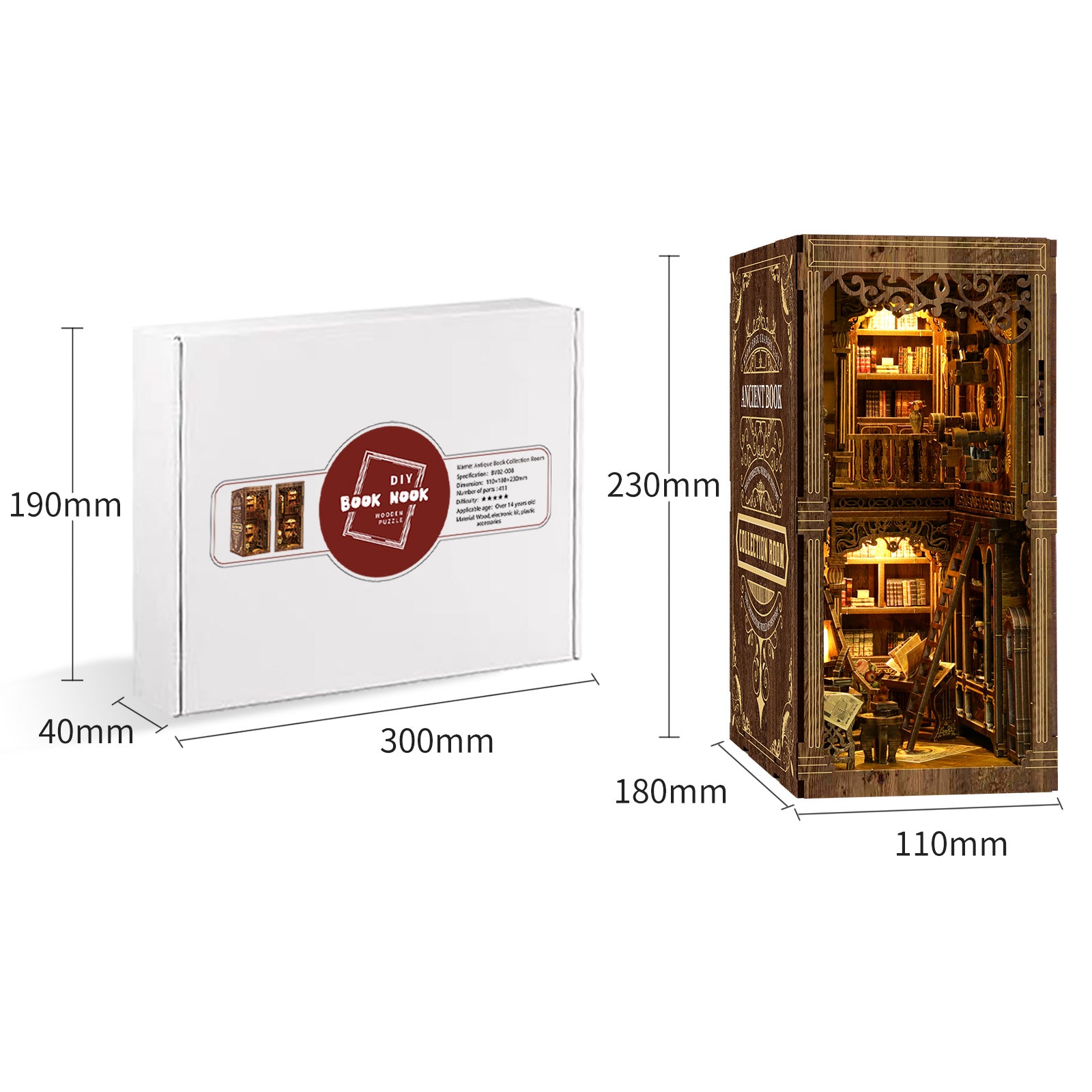 Antique book collection room kit, white packaging with small window and brown book-style cover