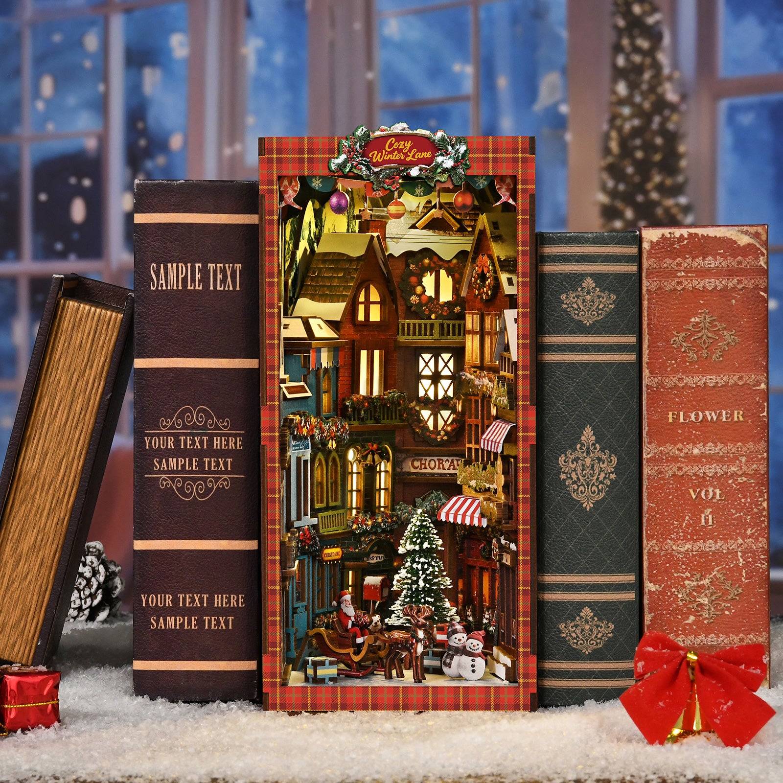 DIY book nook kit with book-style cover panels and decorative gift accessories