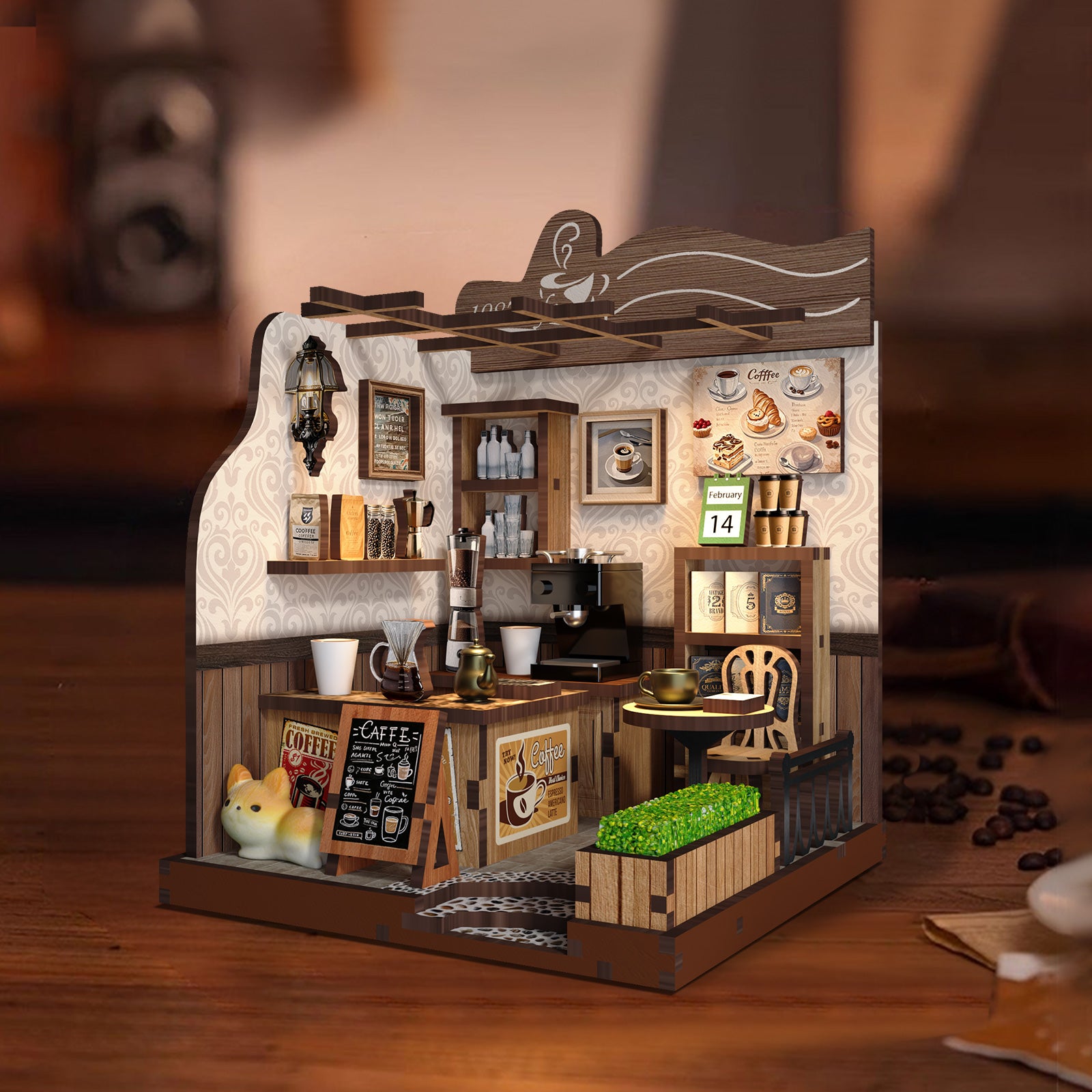 Miniature rural coffee shop model with coffee station, shelves, and small kitchen accessories