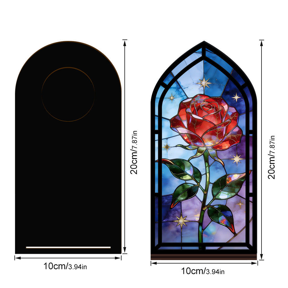 Black arched display silhouette with dimensions, stained-glass rose panel