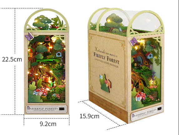 DIY book nook kit showing glowing forest scene, arched handle, size diagram