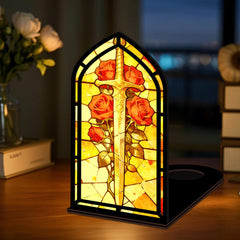 Arched stained-glass book nook with glowing candle light, sword and red roses