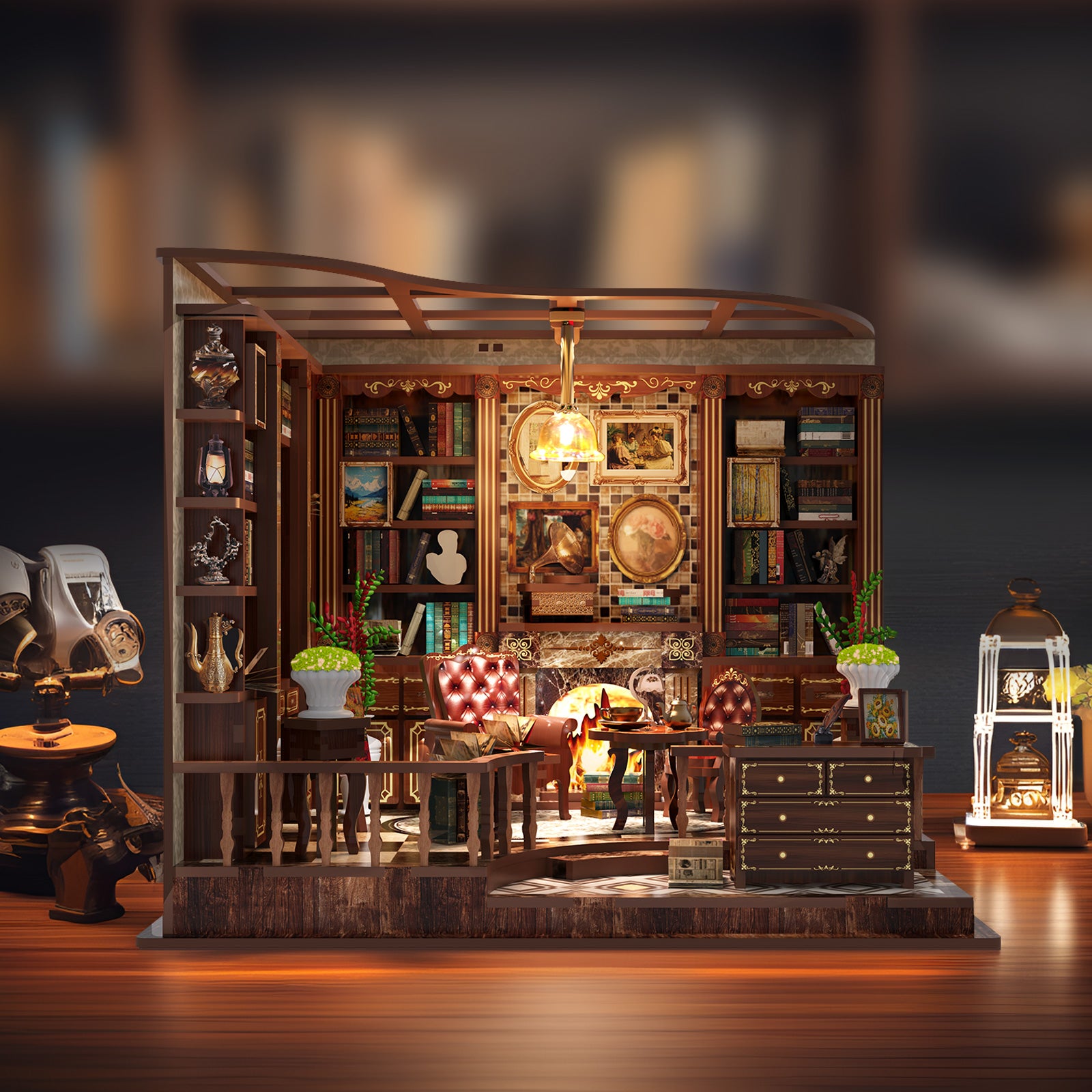 DIY mini house kit wide view of wooden study room with lit chandelier and bookshelf walls