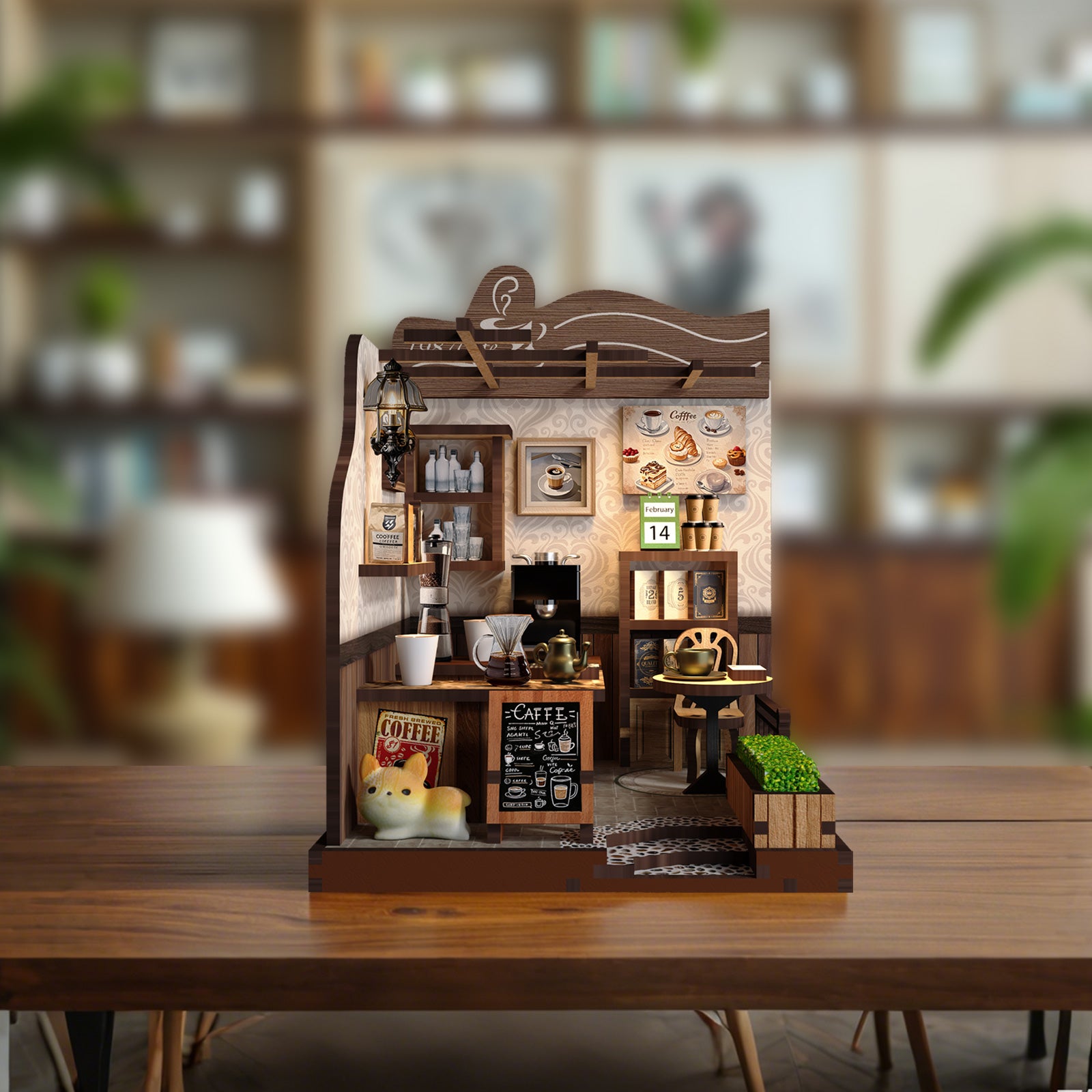 Assembled miniature rural coffee shop model with counter, shelves, coffee accessories, and display