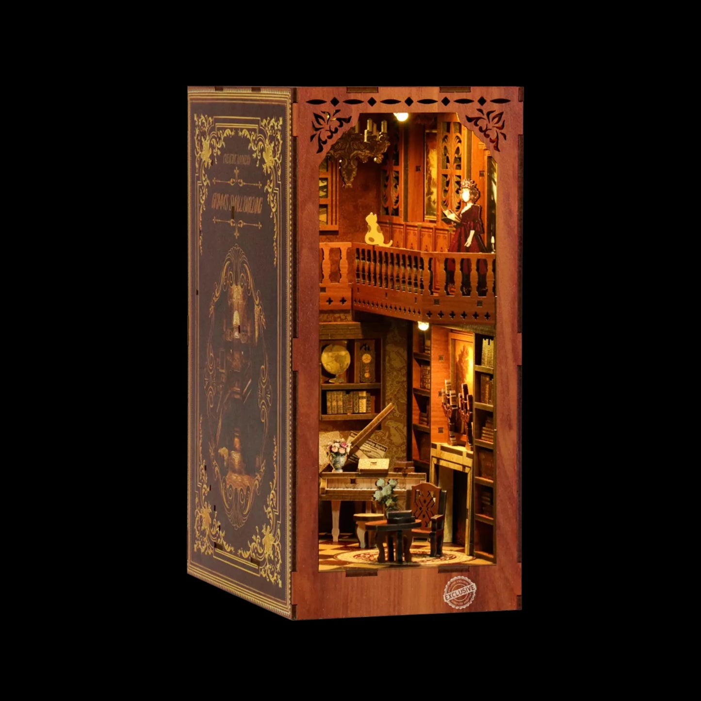 A miniature wooden dollhouse with intricate details and decorations, including a balcony, bookshelves, and a small table with a vase.