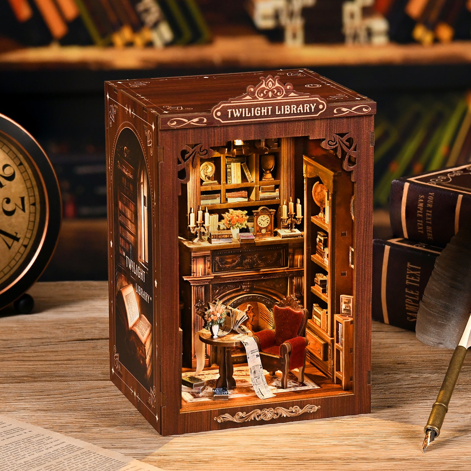 Wooden DIY mini library scene with lit interior, shelves, flowers, desk, and chair