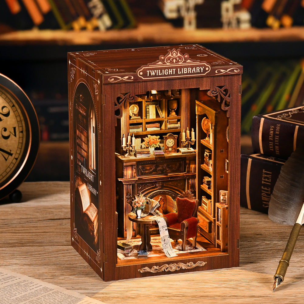 Wooden DIY mini library scene with lit interior, shelves, flowers, desk, and chair