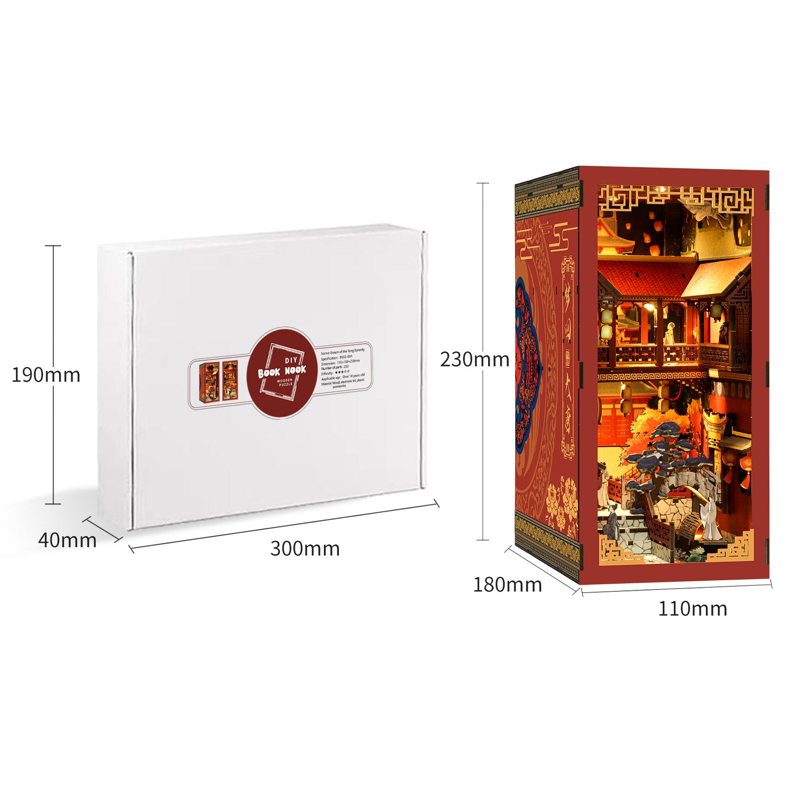 DIY book nook kit box with white packaging and logo, shown with product dimension layout