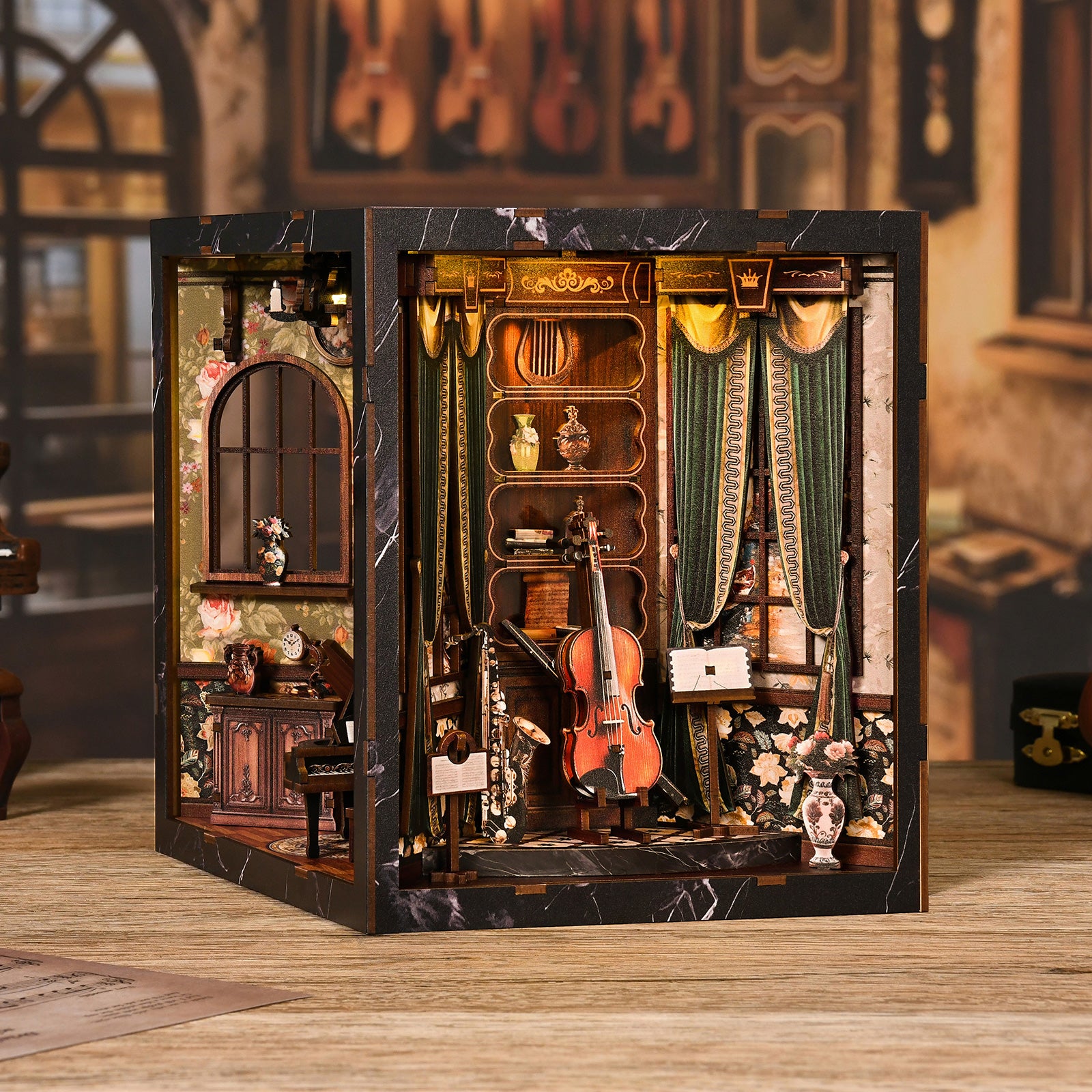 Miniature musical instrument display box close view with violin and display shelves