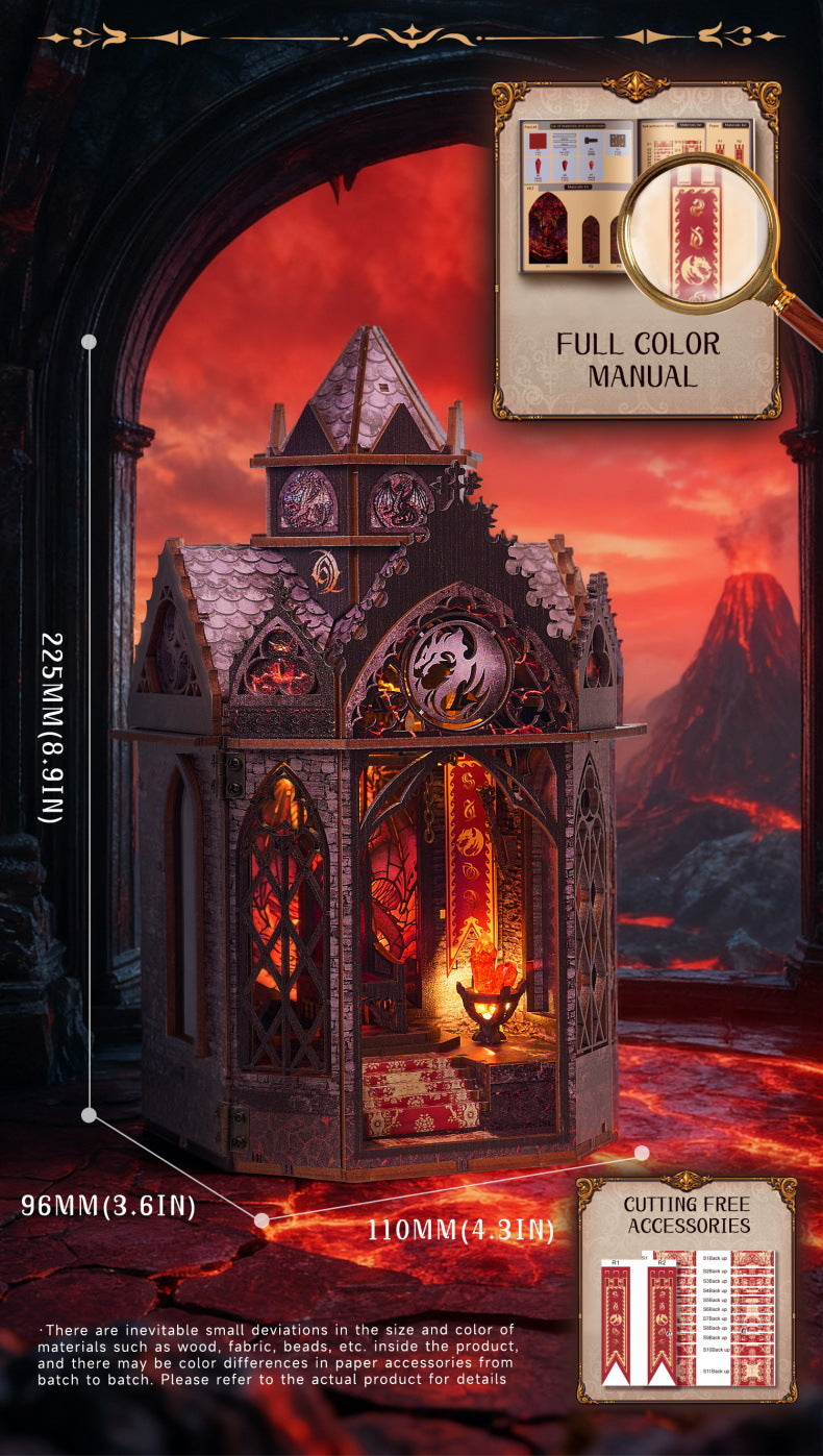 DIY wooden fantasy spire miniature kit with arched door and glowing lantern window