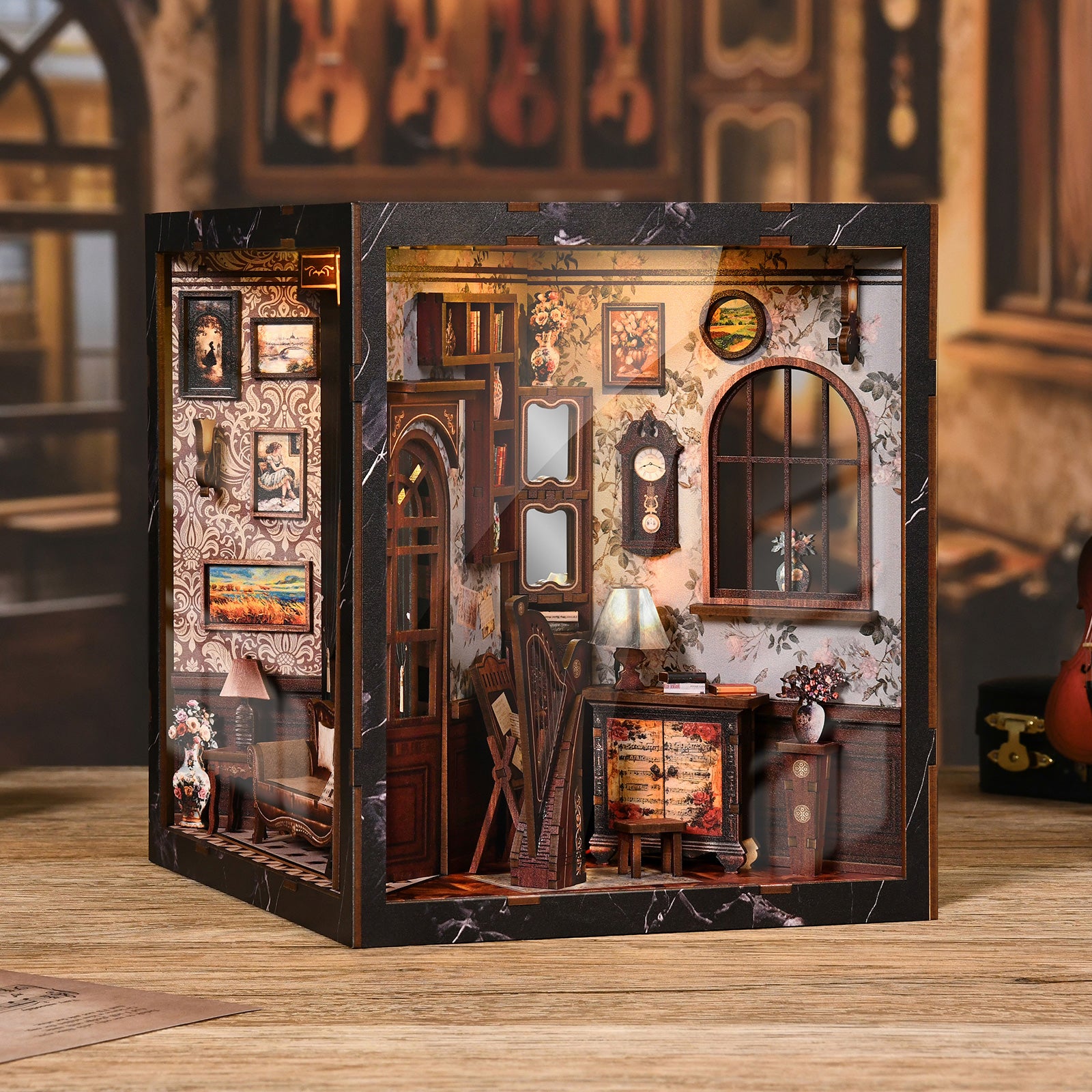 Miniature musical instrument display box 3/4 view with window, cabinet, and lamp