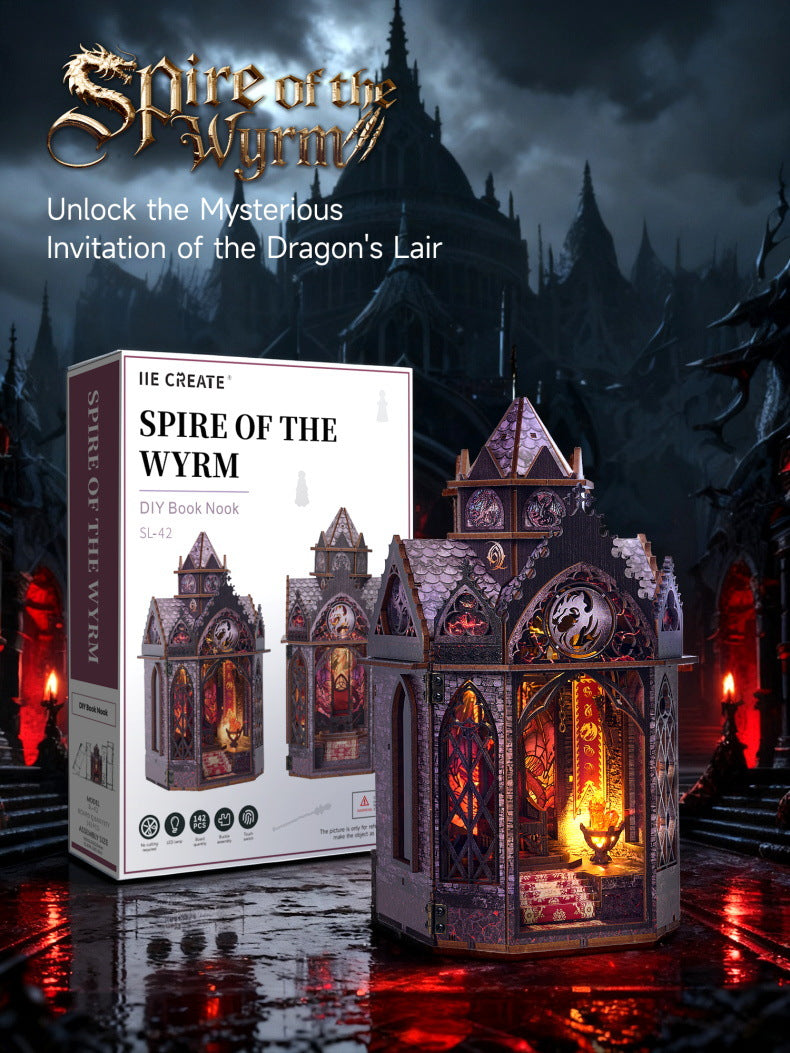 Assembled wooden spire display with fiery light and ornate dragon emblem
