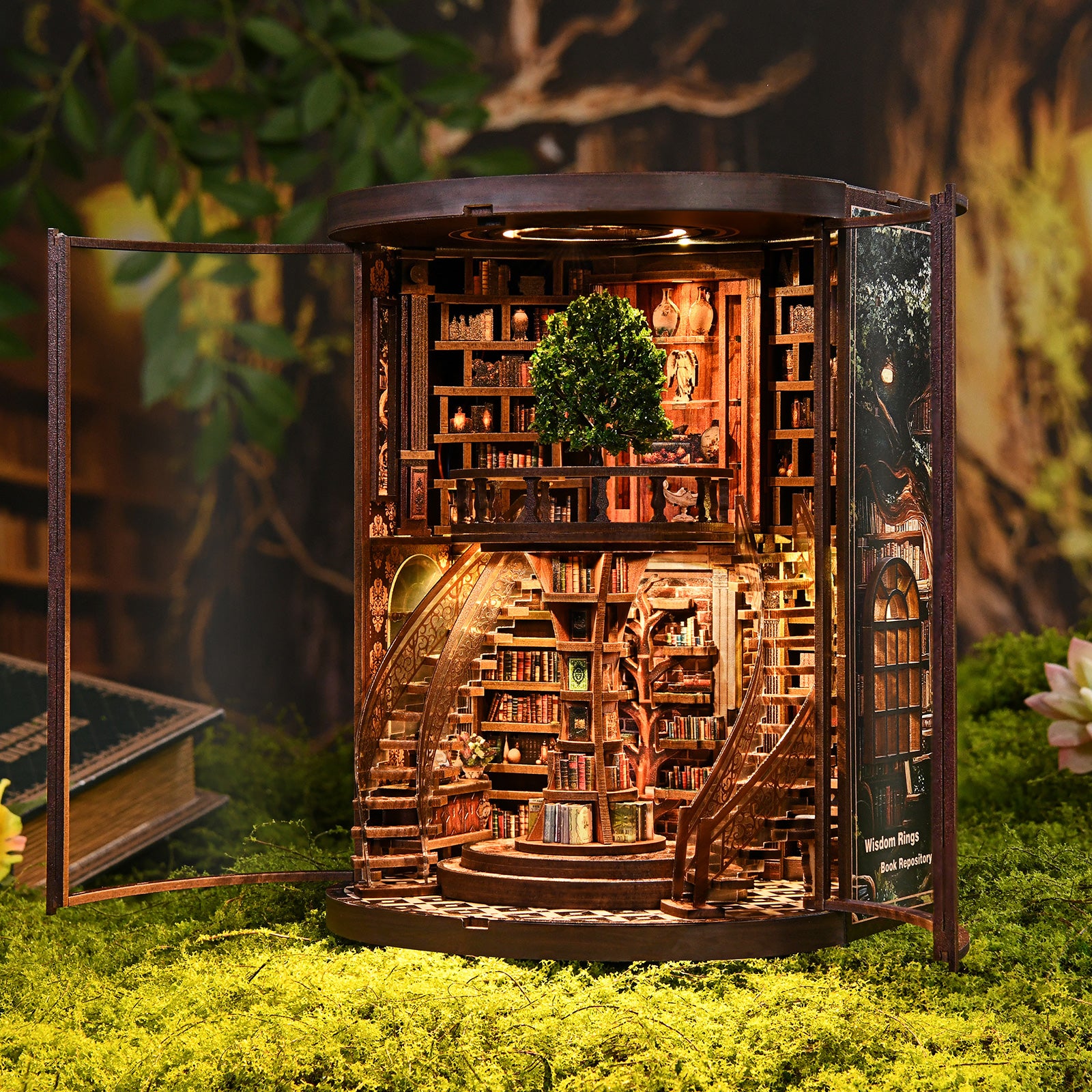 Miniature wooden book repository display with open door and illuminated central book shelves