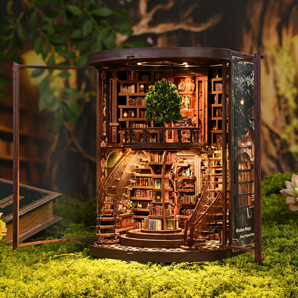 Miniature wooden book repository display with open door and illuminated central book shelves