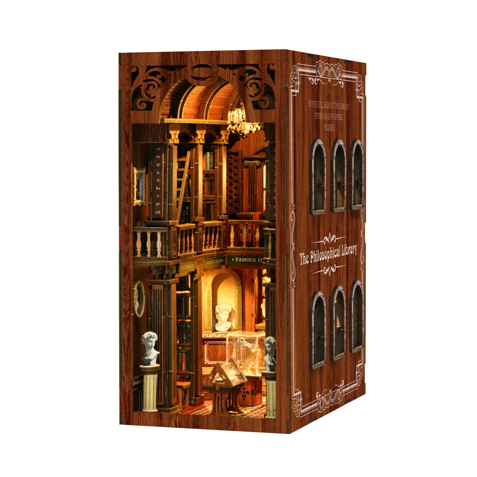 Wooden DIY book nook display kit with side panel arches and detailed interior levels