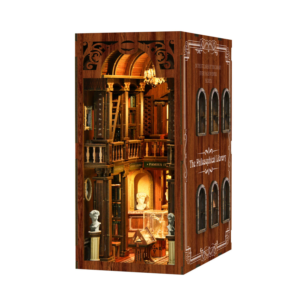 Wooden DIY book nook display kit with side panel arches and detailed interior levels