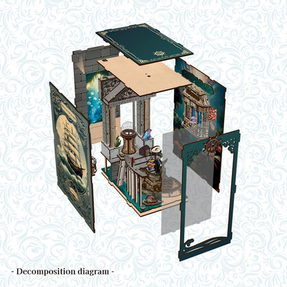 The image is a decomposition diagram of a wooden dollhouse, showing its various components and their interconnections.