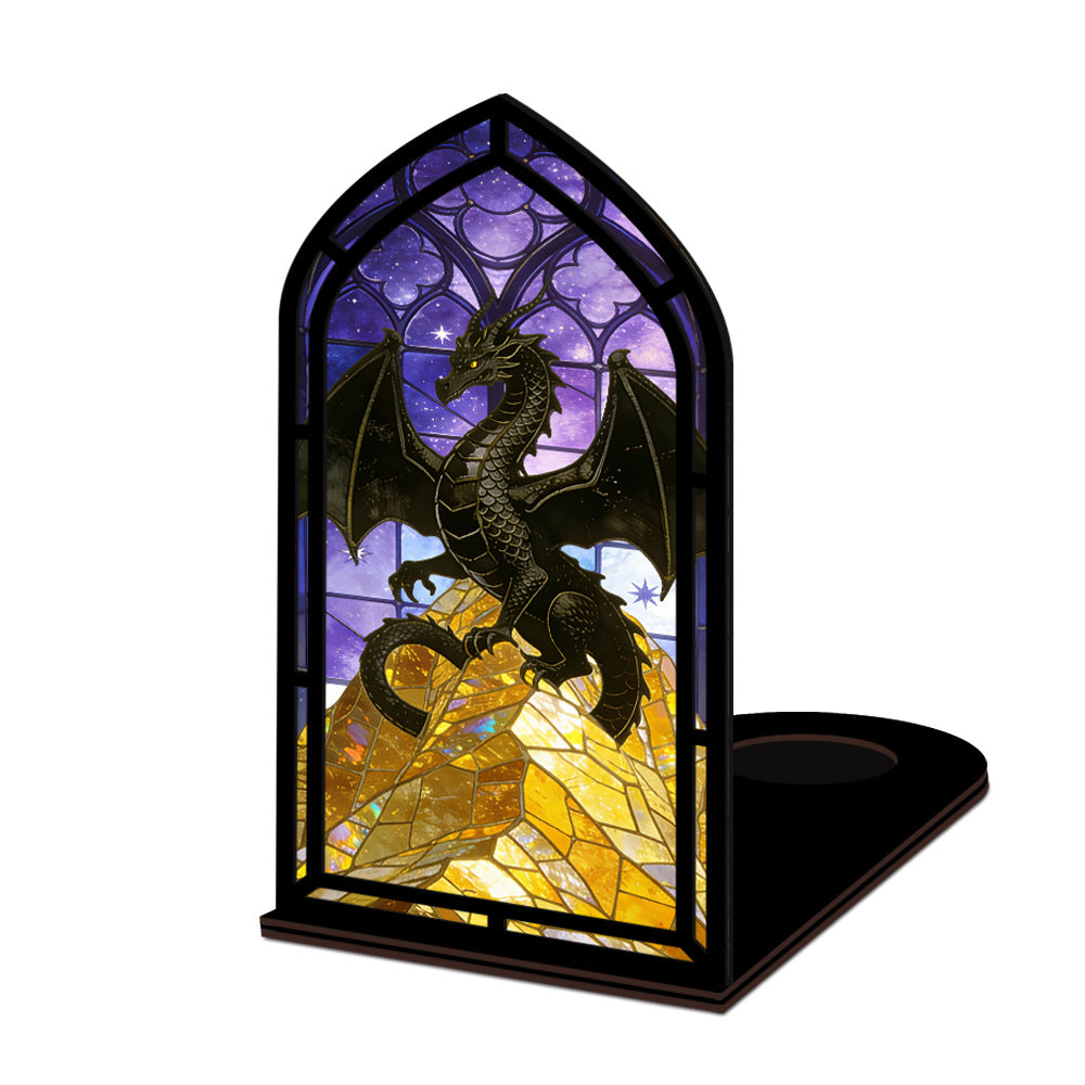 Stained-glass arch dragon book nook display with purple sky and gold mosaic dragon