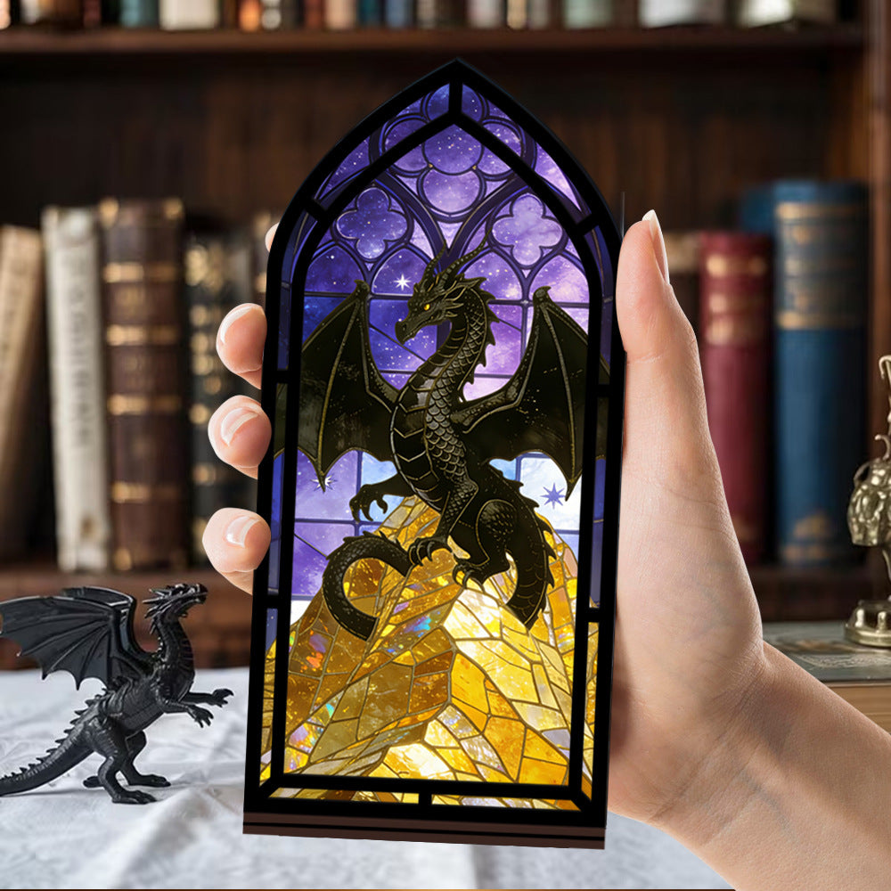 Handheld arch dragon stained-glass book nook with purple sky and gold scales