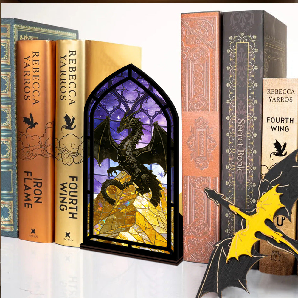 Arch framed dragon stained-glass book nook with purple-and-gold mosaic panels