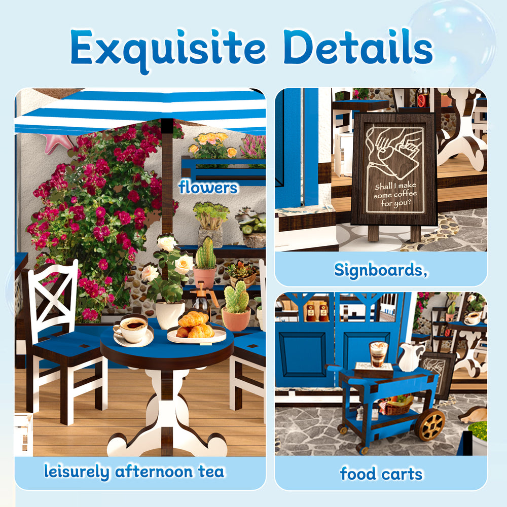 DIY miniature coffee shop house kit details: flower planter, outdoor table, menu signboards