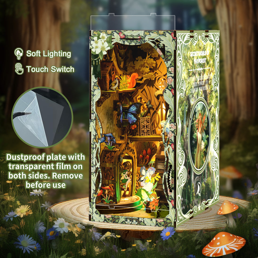 DIY book nook kit box with built-in lighting and touch switch; forest scene visible through window
