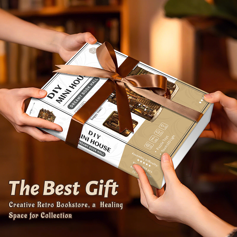 DIY miniatures book hall kit in a gift box with brown satin ribbon