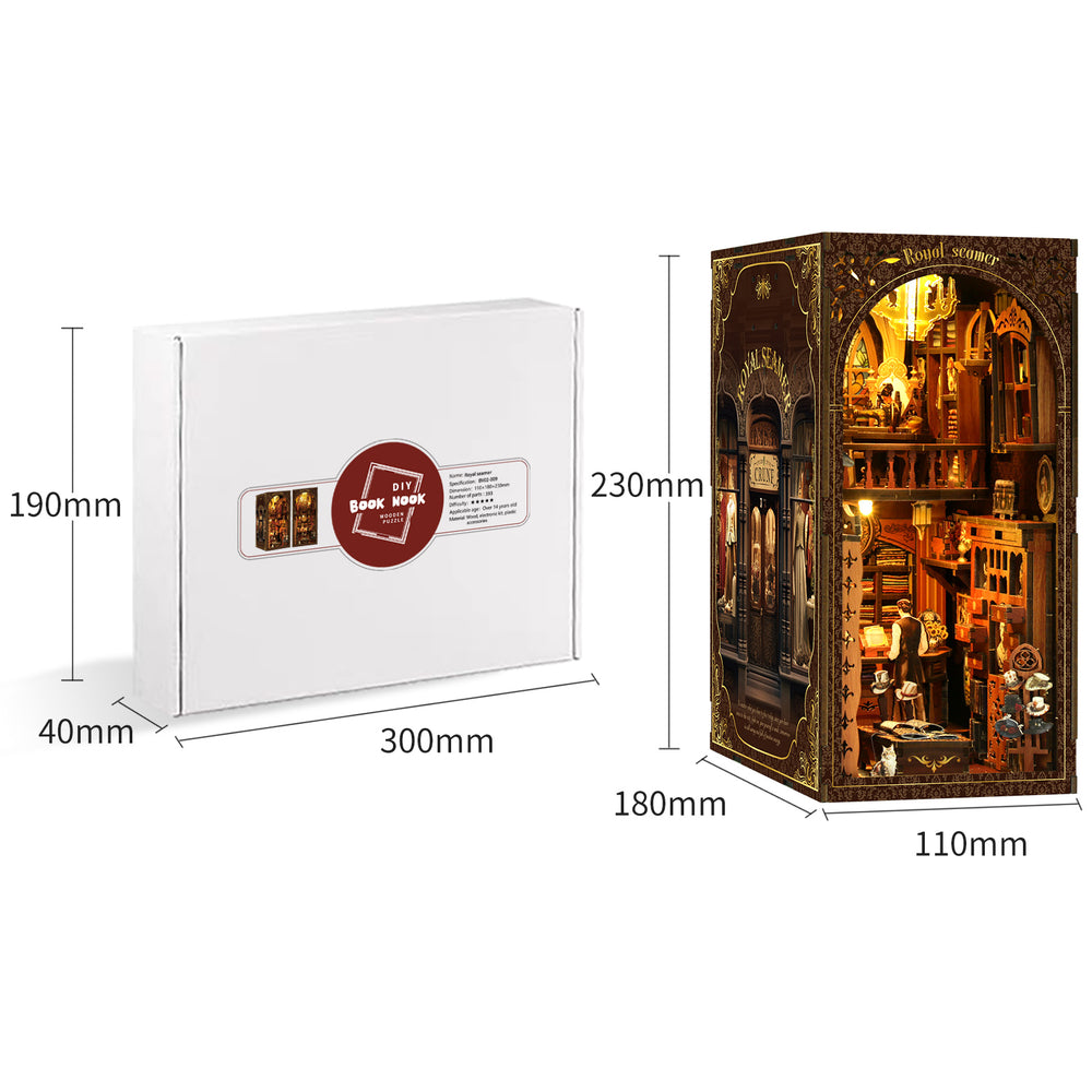 DIY book nook kit product box with illustrated lit interior and size diagram