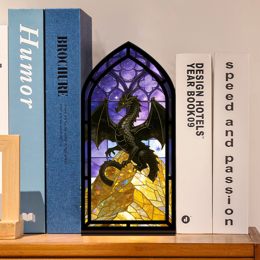 Arch dragon stained-glass book nook with purple night sky and gold treasure glow