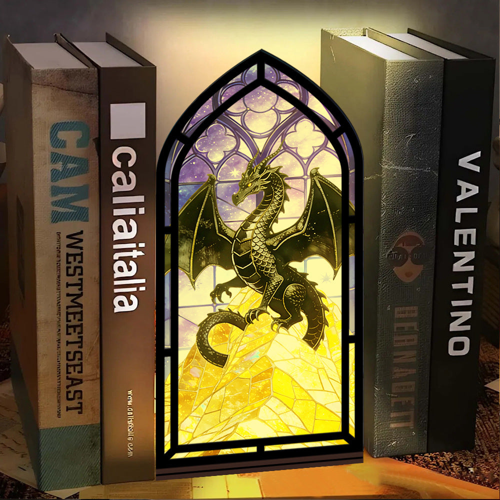 Dragon-themed stained-glass arch book nook with golden mosaic and purple highlights