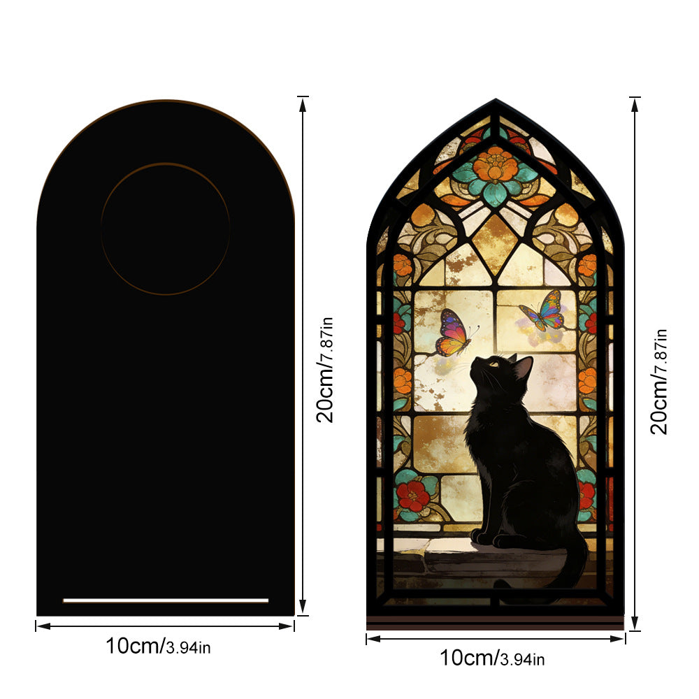 Stained glass arched book nook with black cat silhouette showing height and width measurements
