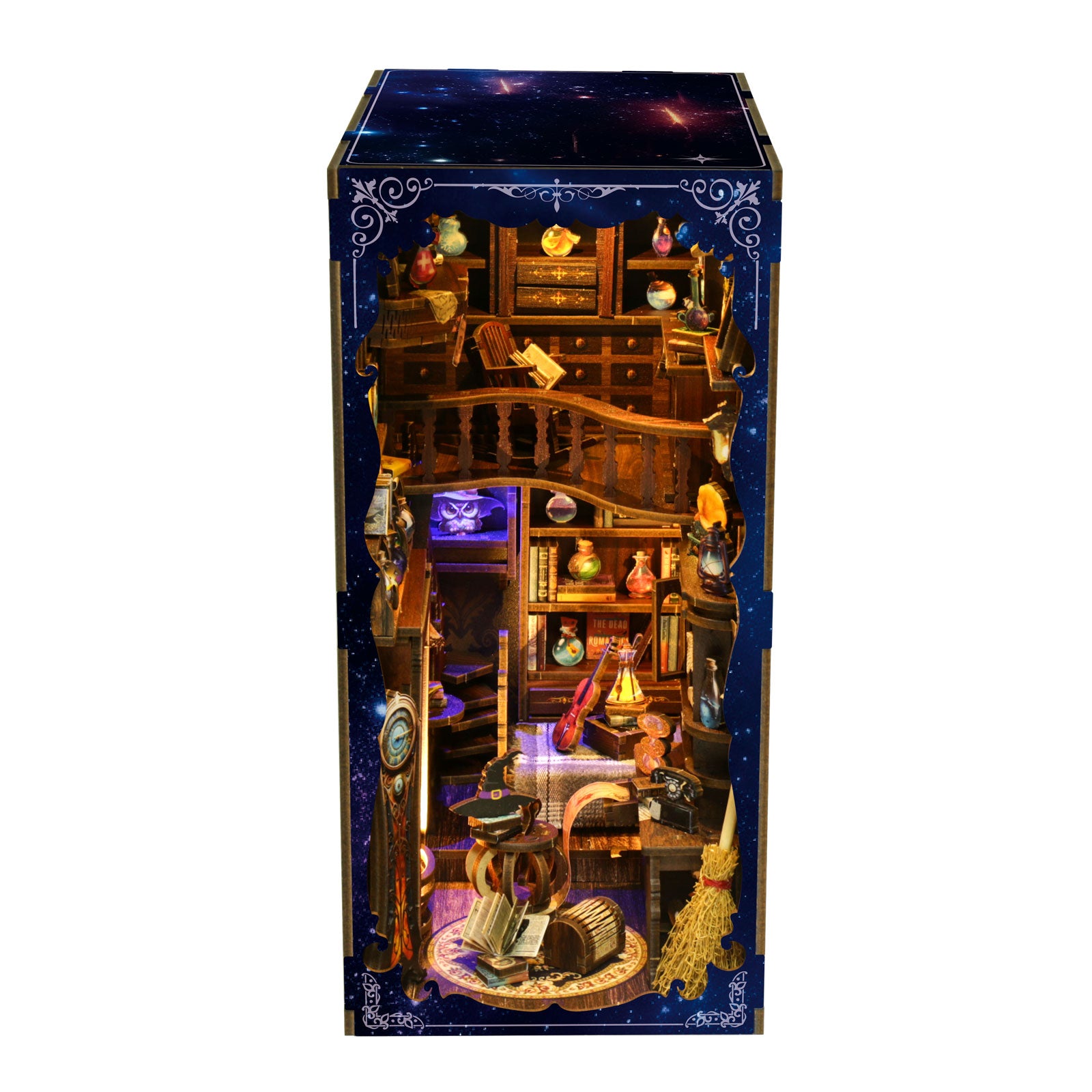 Tall book nook house kit showing lit shelves, potion bottles, and purple glow