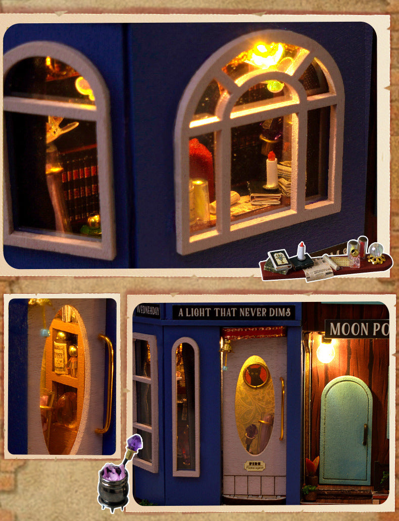 Book nook diorama exterior doors and windows with warm interior lighting
