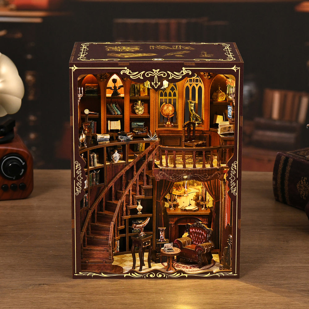 DIY miniatures book nook kit box with warm-lit interior scene on display