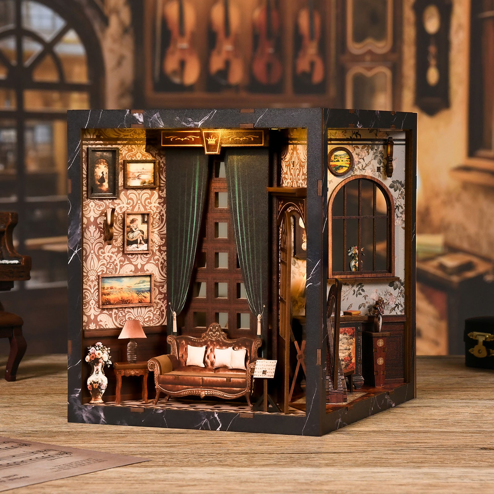 Miniature musical instrument room box with arched doorway, curtains, and furniture