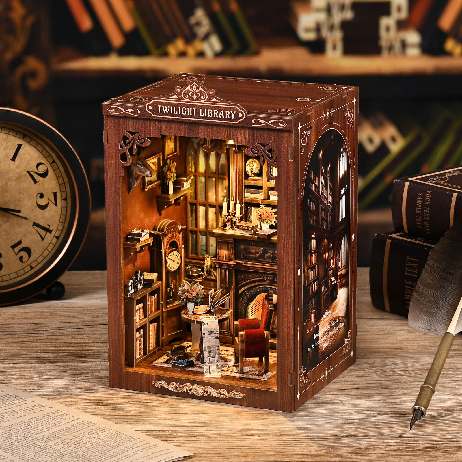 Wooden DIY mini library display with illuminated interior shelves and arched opening details