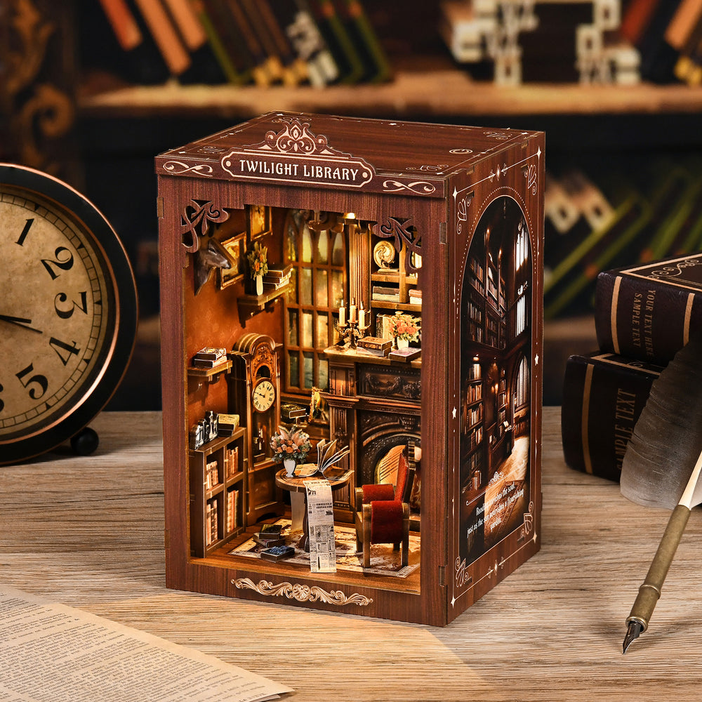 Wooden DIY mini library display with illuminated interior shelves and arched opening details