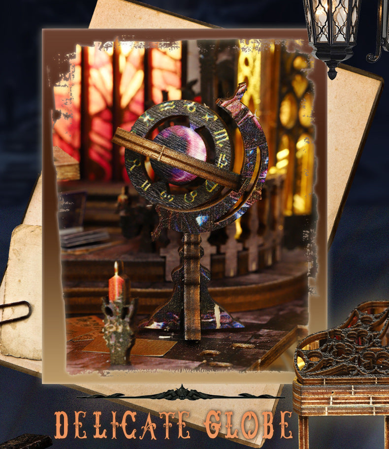 Miniature decorative globe stand with candles, gothic style with colorful lit scene