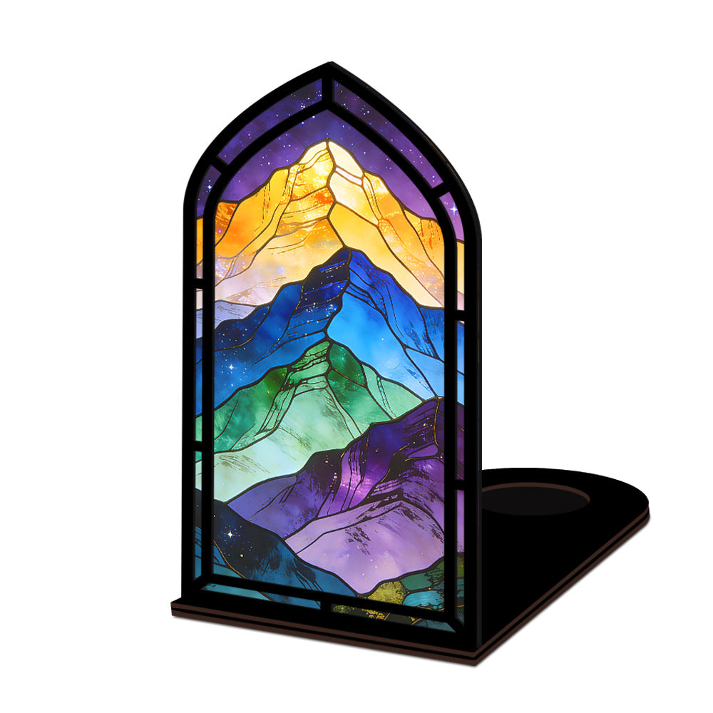 Arched glowing mountain book nook panel on white background with multicolor LED frame