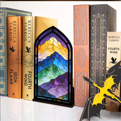 Arched glowing mountain panel book nook with multicolor LED frame, by books