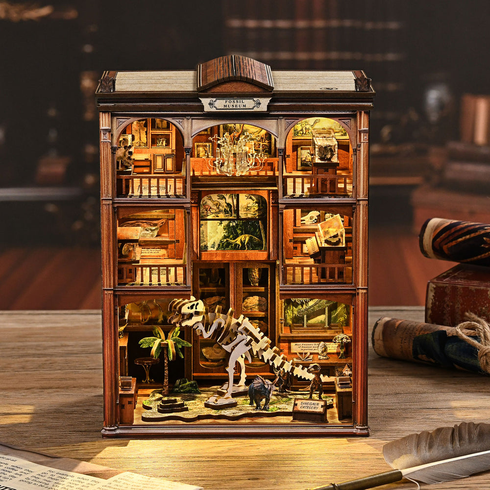 DIY miniature kit front view with arched rooms and dinosaur skeleton models