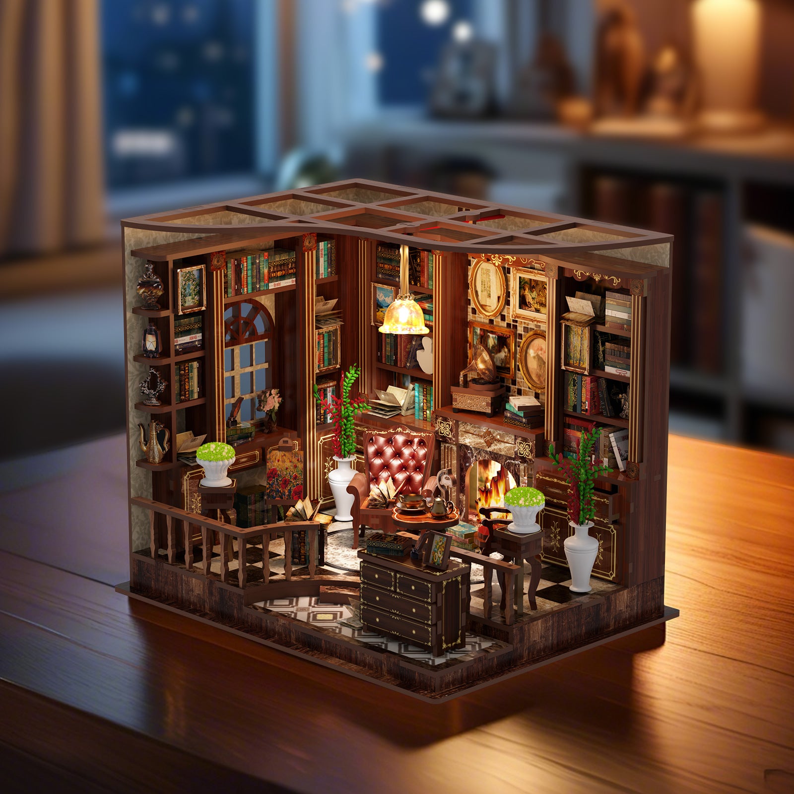 DIY mini house kit three-quarter view of wooden room interior with window and lamps