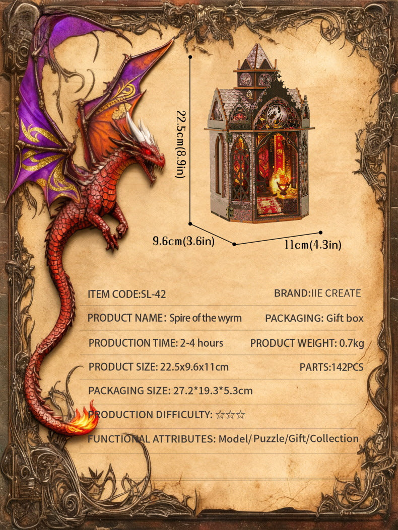 Kit information card with tower outline, dimensions, and package details