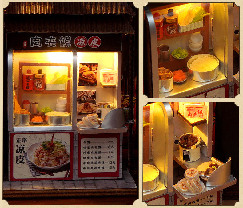 DIY miniature street food book nook kit interior, with shelves, signs, and small dishes.